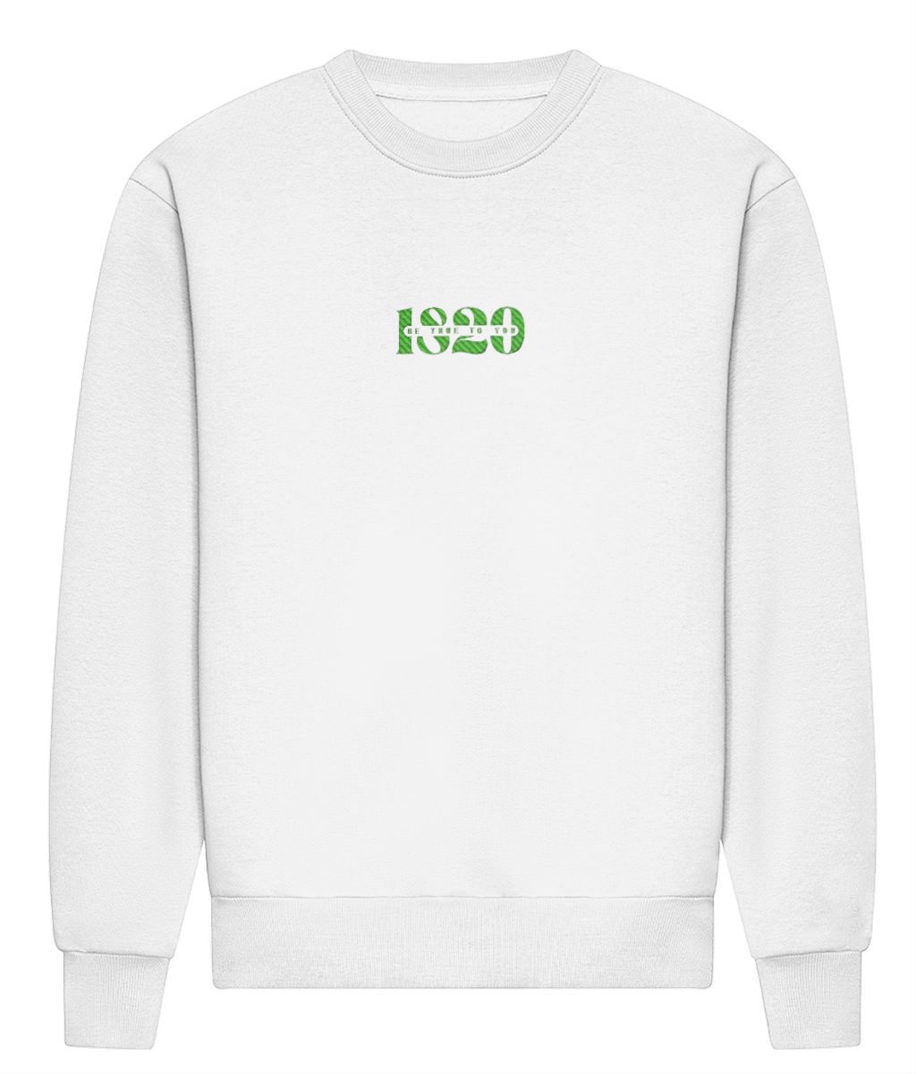 White oversized sweatshirt with green text '1820'  unisex – heavyweight mindful apparel